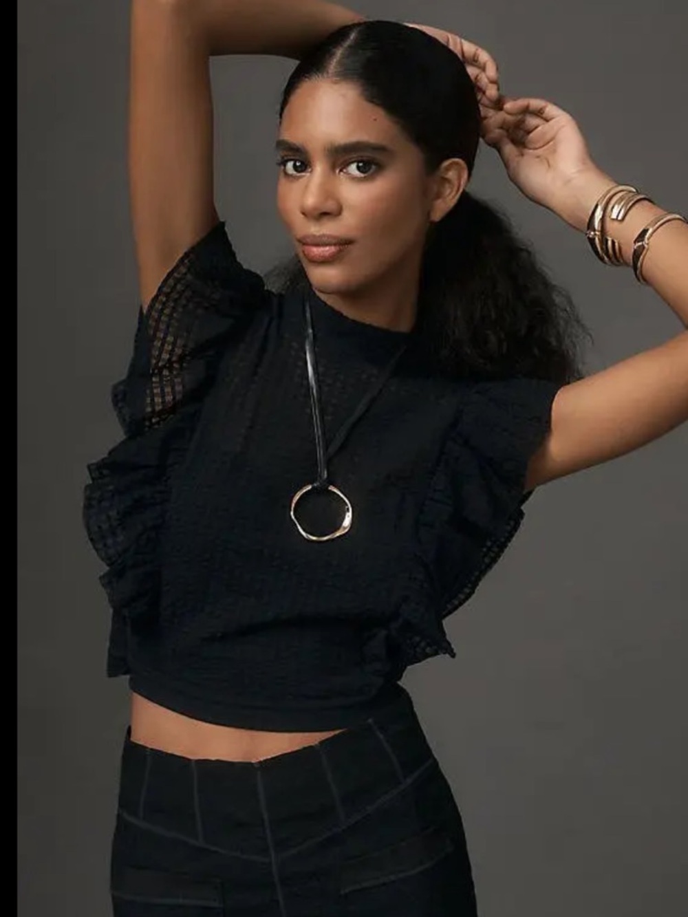 NWT Maeve Anthropologie Cropped Ruffle Mesh Top w/ Cutout in Black XS Retail $68